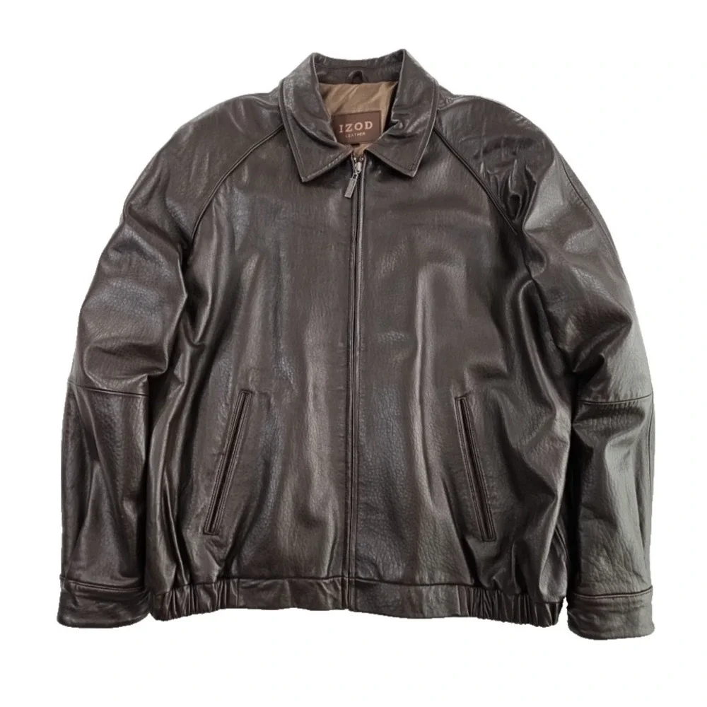 Izod‎ Full Zip Leather Bomber Jacket Men's XXL Brown EUC LN 6 Pockets Well Made